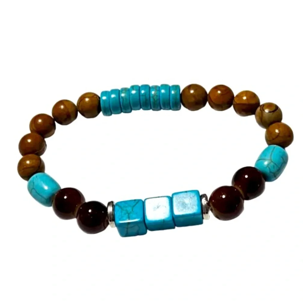 Natural Turquoise and agate Brown Beaded Bracelet NEW